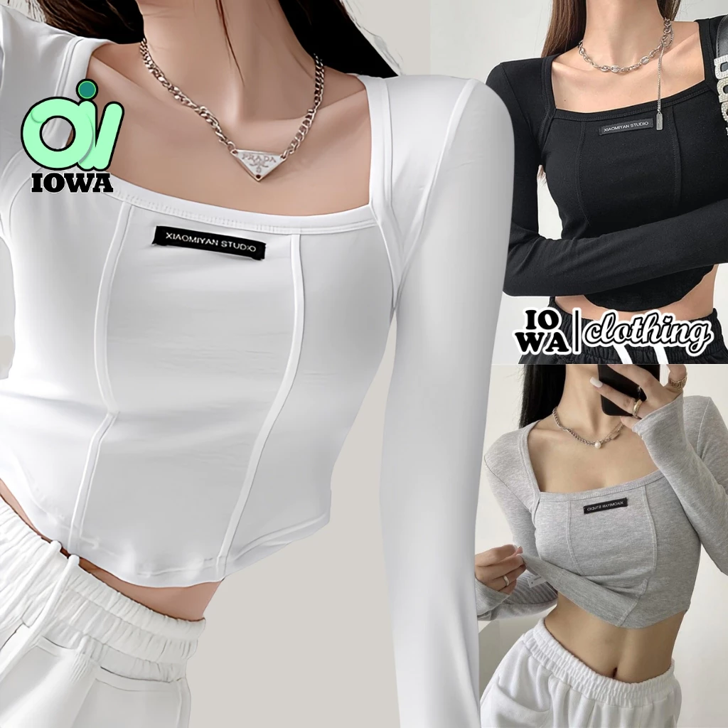 Áo Croptop TAY DÀI CỔ VUÔNG LOGO Chất Thun Borip Kiểu Trơn Sexy, Áo Thun Nữ Ôm Body Đẹp Tôn Dáng IOWA