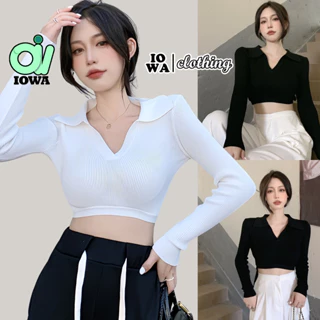 Áo Croptop TAY DÀI CỔ BẺ XẺ V Chất Thun Borip Kiểu Trơn Sexy, Áo Thun Nữ Ôm Body Đẹp Tôn Dáng IOWA