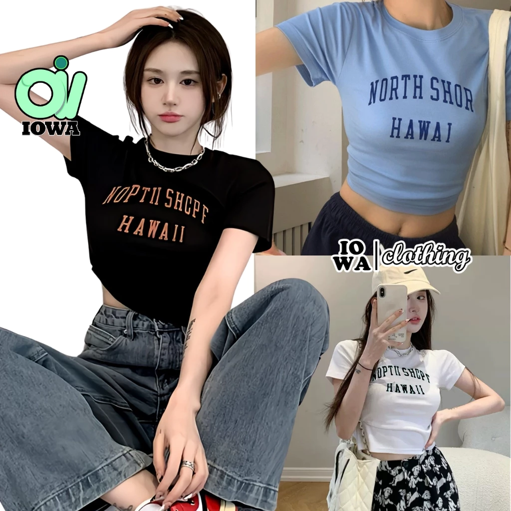 Áo Croptop HAWAII Chất Thun Borip Kiểu In Hình Sexy, Áo Thun Tay Ngắn Cổ Tròn Nữ Ôm Body Đẹp Tôn Dáng IOWA