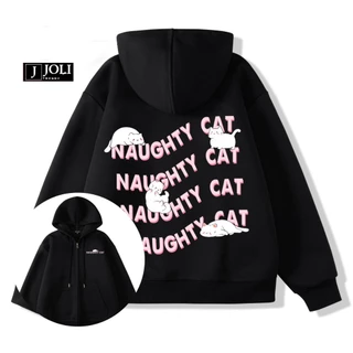 Áo Hoodie Zip, Áo Khoác Nam Nữ Unisex By JOLI Mã Naughty Cat Chất Nỉ Bông Form Rộng Mũ 2 Lớp