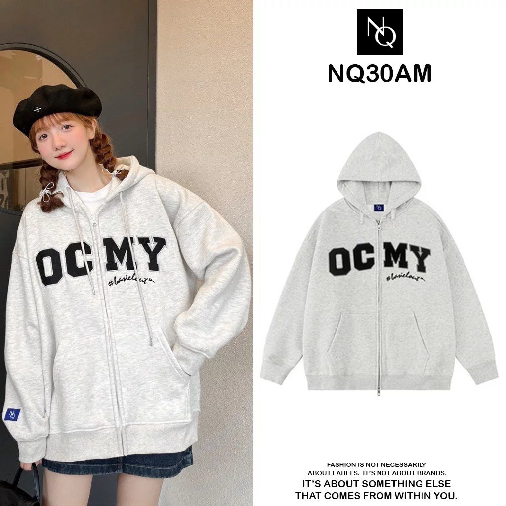 Áo Khoác Nỉ Hoodie Zip Bông Thêu OCMY Form Rộng Nam Nữ Unisex