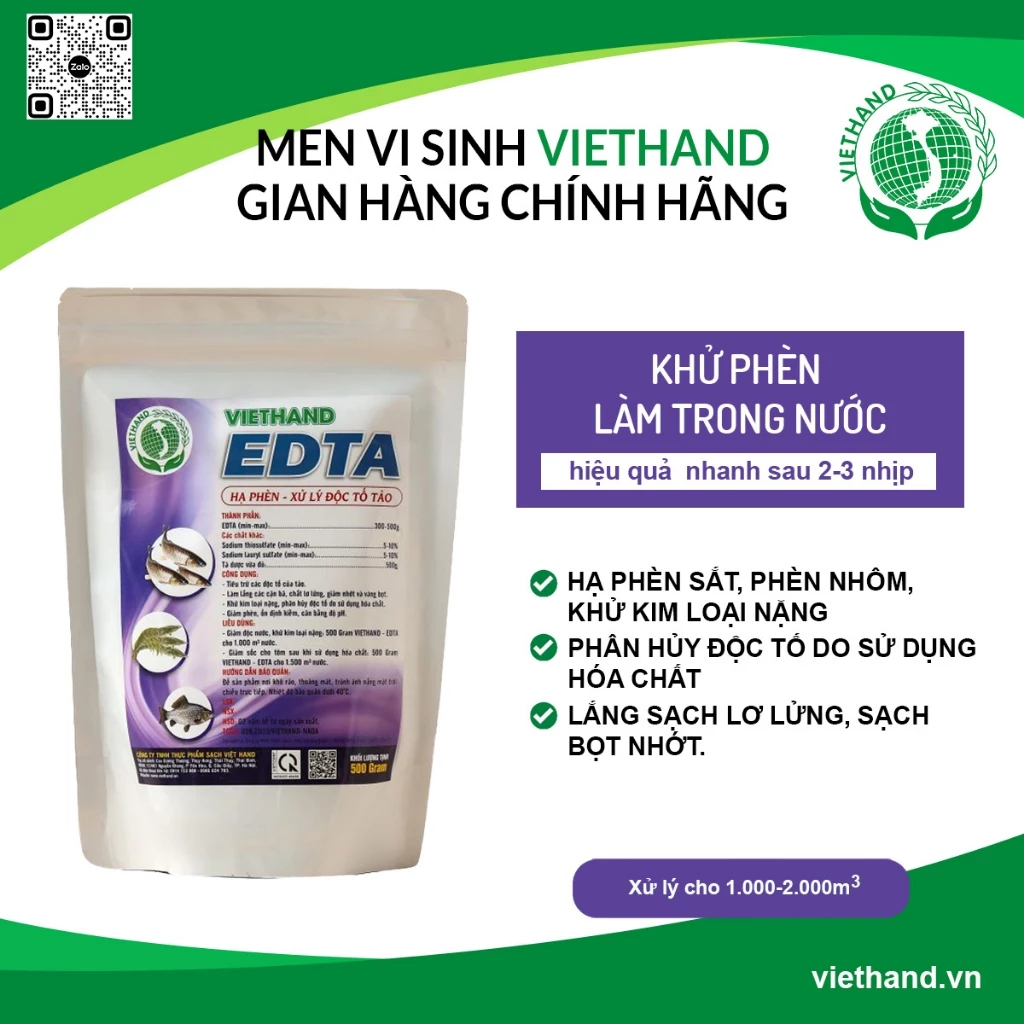 Men vi sinh Việt Hand EDTA khử phèn làm trong nước cho ao nuôi thuỷ sản dạng gói 500g