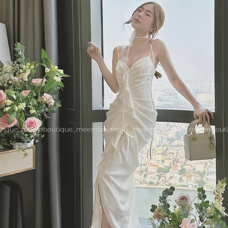Váy nhún đuôi cá cúp ngực, đầm 2 dây bèo nhún dự tiệc kèm choker Loga store L292