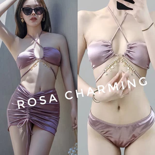 Sét bikini 3 mảnh màu tím có đính đá charm cao cấp