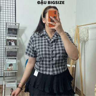 Áo sơ mi thời trang Đậu bigsize cổ bẻ dáng vest tay ngắn kẻ sọc caro chất dáng croptop chất vải lụa - AK1