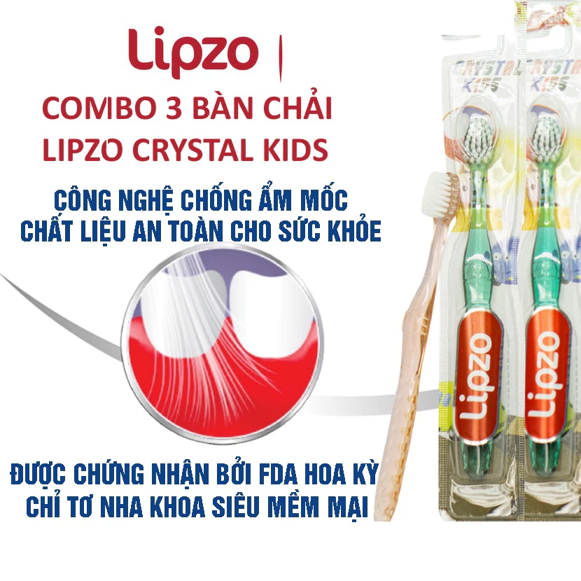 Combo 03 Bàn Chải Răng Lipzo Crystal Kids - Lông Chỉ Tơ Nha Khoa Kháng Khuẩn Dành Cho Trẻ Em Từ 2 - 5 Tuổi