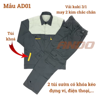 Quần áo bảo hộ lao động AD01, vải kaki 3/1, màu xám phối ghi, 2 túi sườn khóa kéo tiện lợi