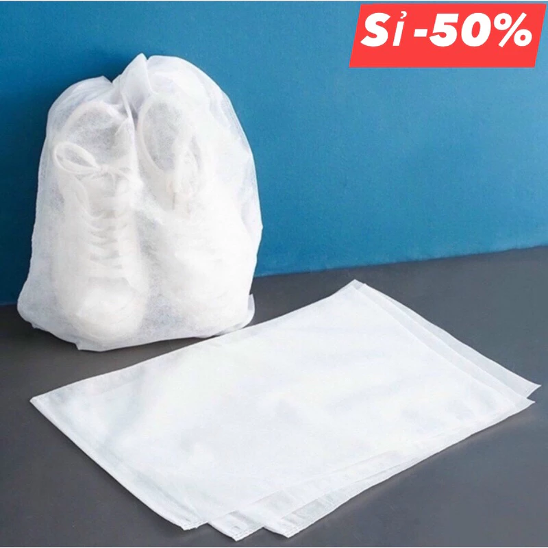 Set 50 Túi đựng giày vải không dệt đa năng, túi bảo quản giày miệng dây rút (Trắng)