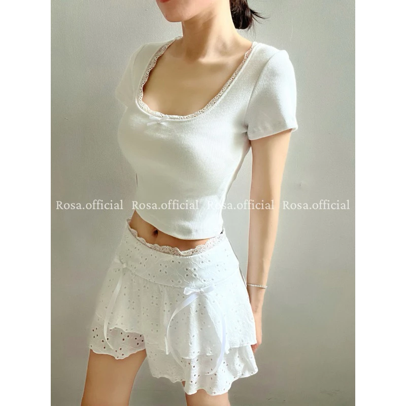 Áo Thun TAY NGẮN Cổ vuông Viền Ren, Form Croptop Rosa