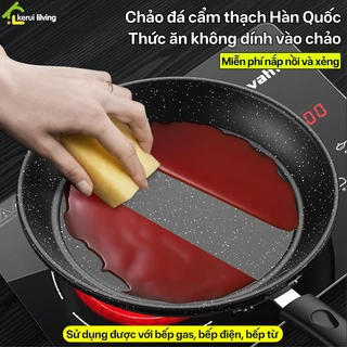 Chảo phủ vân đá chống dính,chảo chống dính cho bếp từ,chảo sâu lòng,chảo đáy từ,tặng kèm nắp và xẻng