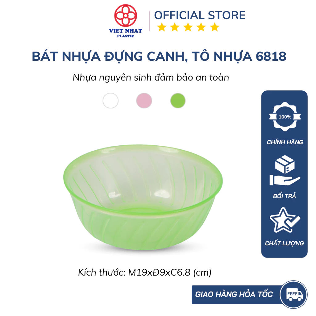 Tô nhựa đựng cơm,canh Nhựa Việt Nhật -  Bát đựng cơm, canh nhựa nguyên sinh an toàn sức khỏe 6818