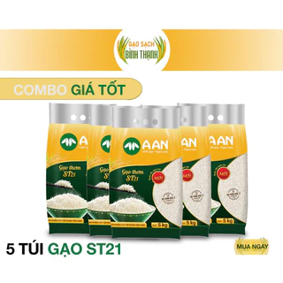 (NSX:28/06/2024) - Combo 5 túi gạo ST21 A AN mỗi túi 5Kg - Đặc sản Sóc Trăng - Thơm hoa lài nhẹ, cơm ngọt, rất dẻo, mềm