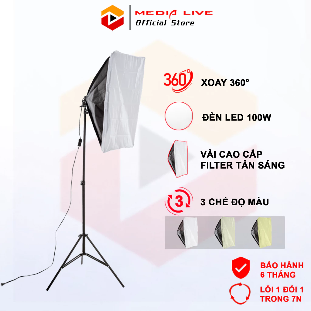 Bộ đèn studio chụp ảnh, quay phim, Livestream, quay phim chuyên nghiệp, Đèn Softbox chữ nhật hắt sáng 50x70cm