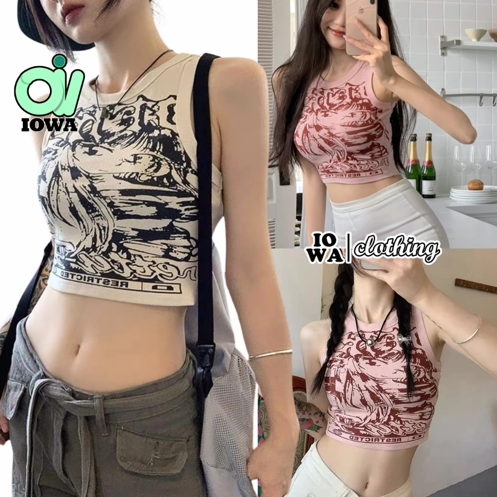 [XẢ HÀNG] Áo Croptop Nữ Ba Lỗ Cổ Tròn In Hoạ Tiết Truyện Tranh Ôm Body IOWA BM05 - Thun Gân Co Giãn 4 Chiều