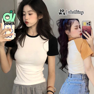 Áo BABYTEE TAY NGẮN CỔ TRÒN PHỐI VIỀN DÁNG DÀI Ôm Body Chất Thun Gân Dày, Áo Thun Raglan Nữ Kiểu Trơn Mềm Mát IOWA