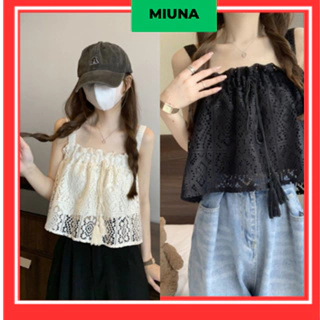 Áo hai dây nữ Miuna hai lớp, Áo croptop phối ren  phong cách ngọt ngào