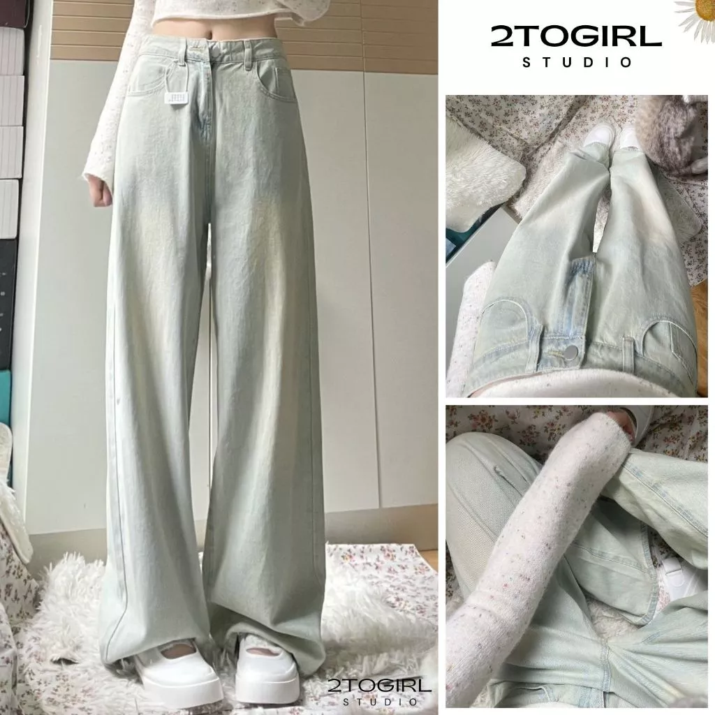 Quần jeans nữ Statius xanh khói ống rộng quần bò nữ lưng cao thời trang cổ điển 2024