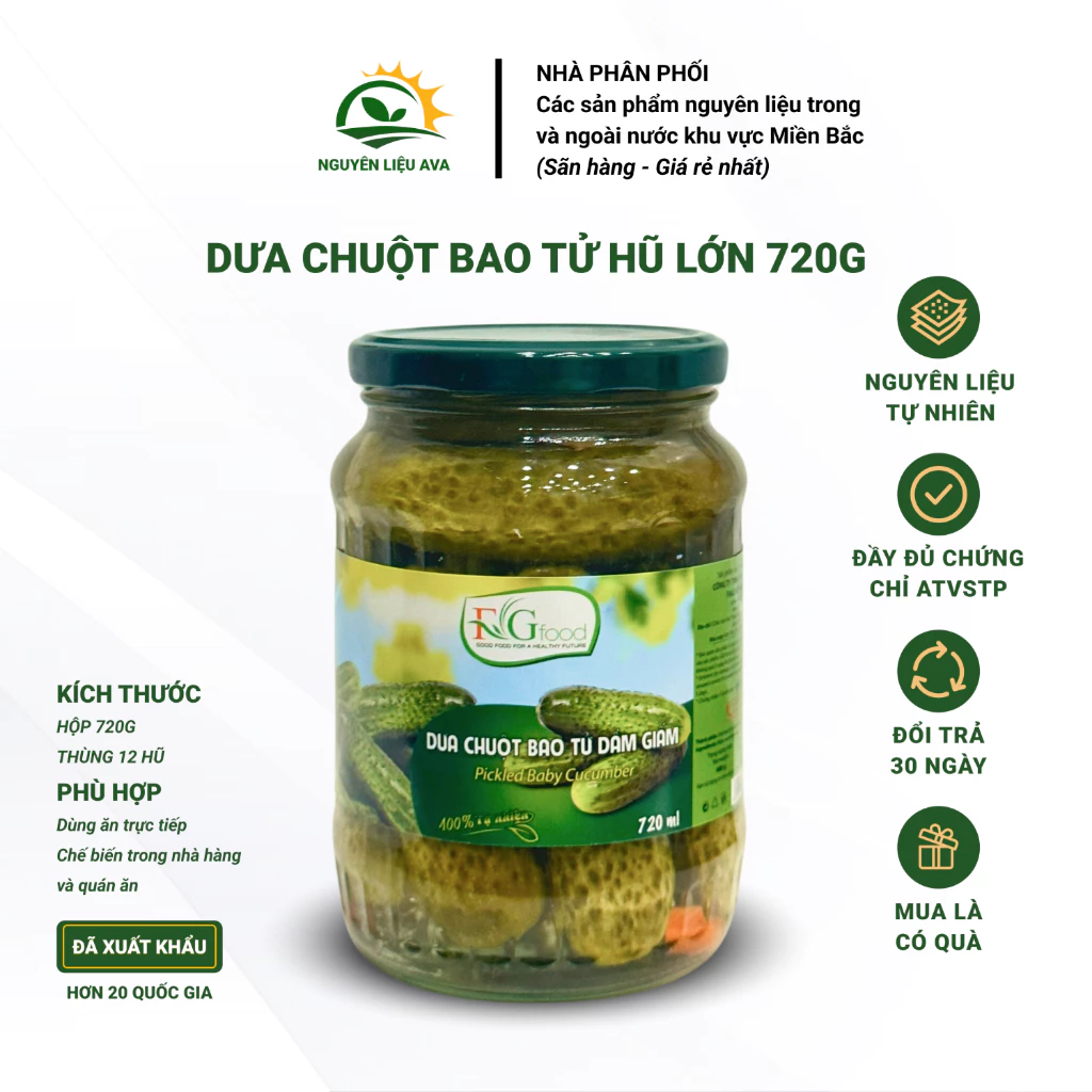 Dưa Chuột Bao Tử Muối F&G Size 7-9 Hũ Lớn 720g, Ăn kèm trực tiếp, chế biến món ăn ngoại