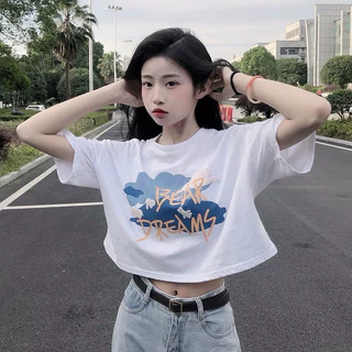 Áo Croptop Thun Cotton 100% Form Rộng Tay Ngắn Cổ Tròn Hình In BEAR 00294