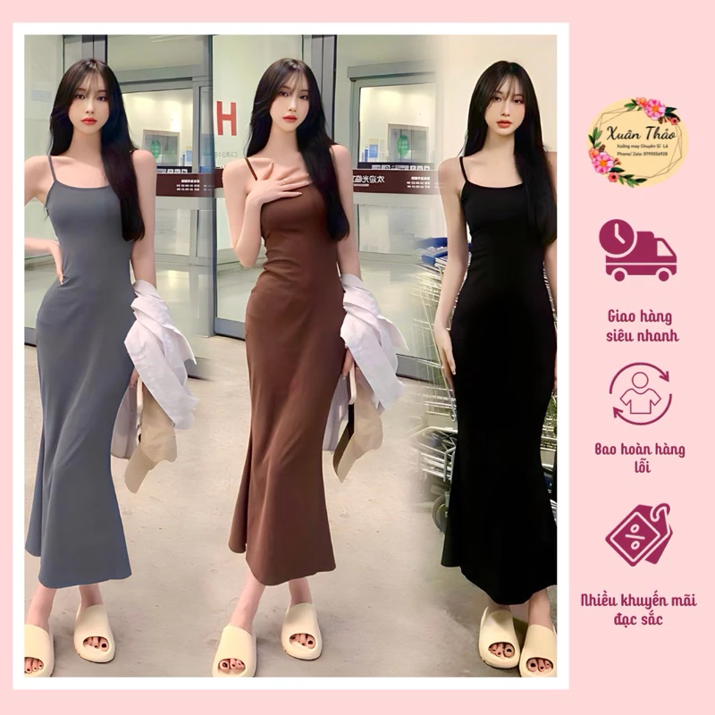 Đầm Maxi Body Dáng Dài Đuôi Cá Len Tăm, Váy Body Nữ 2 Dây Sexy Len Tăm - Sunny House