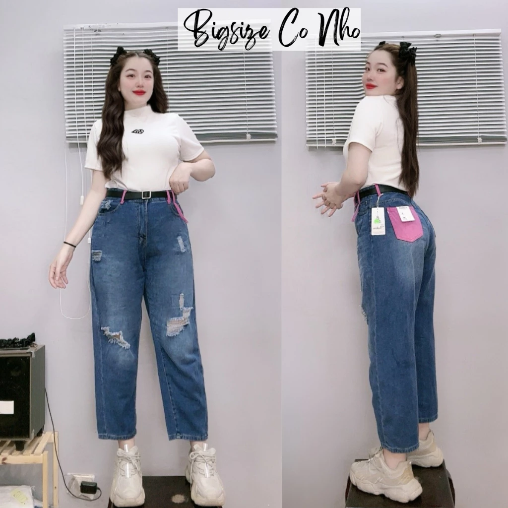 Quần jean baggy Bigsize Nữ cách điệu rách xanh túi hồng tôn dáng thời trang năng động 60-95kg - Q504