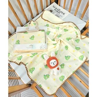 CHĂN Xô Muslin 4 lớp viền sò len mềm mại cho bé sơ sinh cao cấp shop Miha Baby