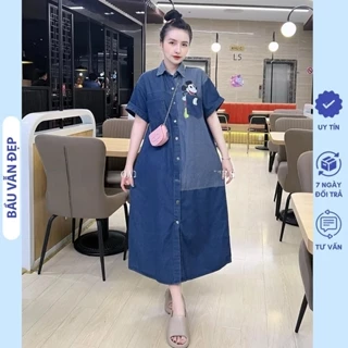 ĐẦM DENIM CỔ SƠ MI DÁNG SUÔNG DÀI TRẺ TRUNG V689 - VÁY BẦU JEANS CỘC TAY MÙA HÈ MẶC TRƯỚC VÀ SAU SINH FREESIZE