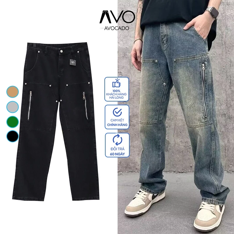 Quần Bò Jean Nam Ống Suông Rộng Phối Khóa Kép Màu Bụi Avocado, Quần dài baggy ống rộng nam nữ Retro Vintage cao cấp