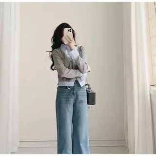 Áo sơ mi nữ phối cardigan len tăm - Áo khoác ngoài mix liền sơ mi sọc dáng ôn vạt nhọn 2 màu xám đen siêu tôn dáng