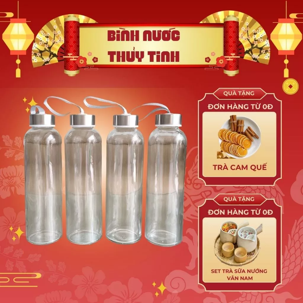 Bình nước thủy tinh - Bình đựng nước thủy tinh Cao cấp 500ml có dây xách Trà Hoa Cô Ba