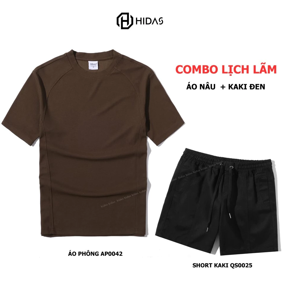 Combo Set Bộ lịch lãm Hidas Áo phông cotton lỗ AP0042 + Quần Short kaki ko Co dãn QS0025