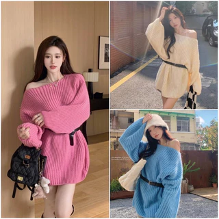 Gaeul store- áo len oversize giấu quần cổ thuyền kèm đai