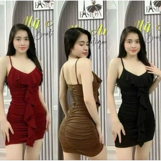 Đầm Hai Dây Cổ U Viền Bèo Tua Rua Chữ T - Ngắn Nhún Thân Ôm Body Sexy - Tiểu Thư Bánh Bèo Cute Sang Chảnh Đi Chơi Tiệc