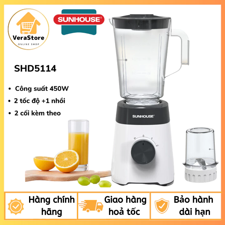 Máy Xay Sinh Tố Sunhouse 2 Cối SHD-5114 - Công Suất 450W Dung Tích 1.5L Xay Đá, Rau Củ, Đồ Khô.