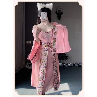 Váy ngủ kimono CỔ TRANG HỒNG xẻ sau gợi cảm 2861