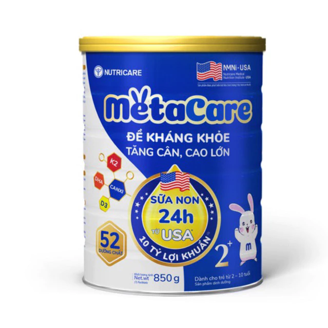 Sữa bột Nutricare Metacare xanh 2+ loại 850gam (mẫu mới)