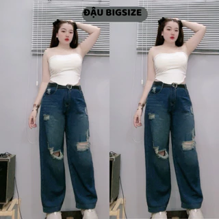 Quần jeans thời trang Đậu bigsize nữ ống đứng form rộng rách gối phong cách năng động trẻ trung - Q503