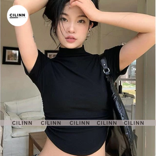 Áo Thun cổ lọ nhún eo vạt bầu Cilinn Áo kiểu tay ngắn chất thun gân ôm body dễ phối