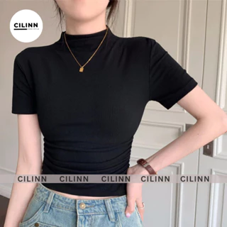 Áo Thun cổ lọ nhún eo vạt ngang Cilinn Áo kiểu tay ngắn chất thun gân ôm body dễ phối