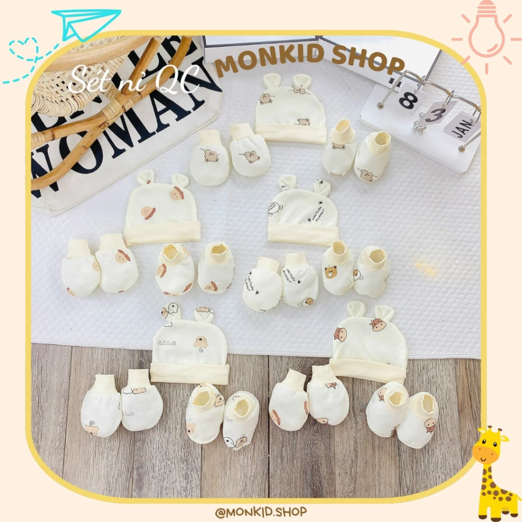 Set mũ bao tay bao chân chất cotton nỉ cho bé sơ sinh mùa thu đông
