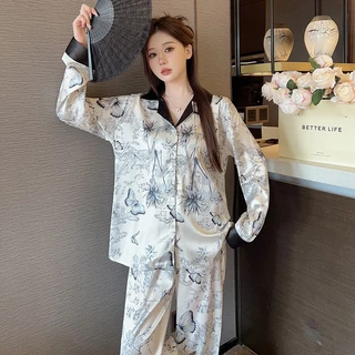 [TTA29] Bộ Ngủ Mặc Nhà Pijama Lụa Dài Tay, Thiết Kế Sang Chảnh, Nữ Tính Phong Cách Hàn Quốc-HÀNG QUẢNG CHÂU