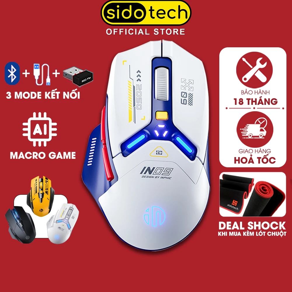 Chuột không dây gaming bluetooth SIDOTECH INPHIC IN9 pin sạc led rgb 6 nút bấm 3 mode chơi game macro gundam máy tính