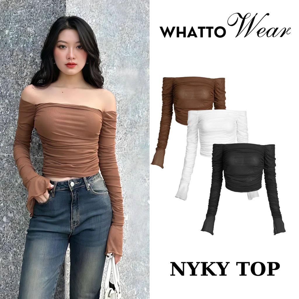 Nyky TOP - Áo lưới nhún bẹt vai tay dài - Whattowear