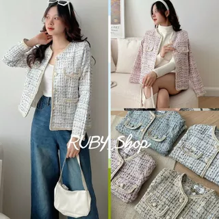 Áo Khoác Cadigan Nữ Chất Dạ Tweed  Viền Thừng Cổ Tròn, Áo Khoác Dạ Nữ Dáng Lửng From Rộng 2 Lớp Đệm Vai