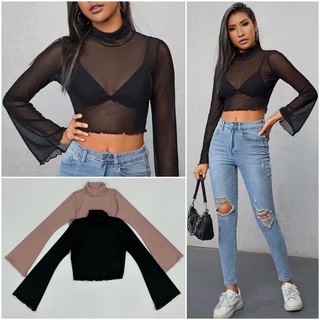 Áo dài tay loe, cổ lọ, form croptop, xoăn lai thun lưới 2 màu