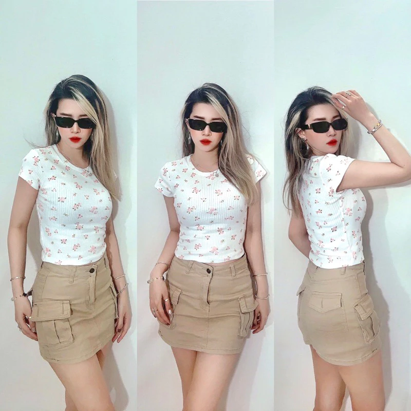 Áo croptop ôm, cổ tròn, thun bo gân trắng hoa nhí