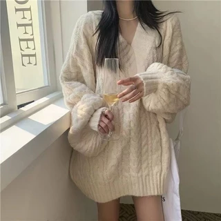 Áo len nữ cổ V tay bồng dáng dài dày dặn basic nhiều màu form rộng hàng Quảng Châu hottrend Hàn Quốc (CÓ BIG SIZE) SP55