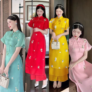 (SHOP NÀNG BÉO BIGSIZE 50KG ĐẾN 90KG) set áo dài hoa cô thắm kèm quần ống suông