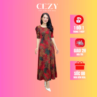 Đầm cổ tròn hoa nhí tay phồng dáng xòe dài có size bigsize CEZY D112