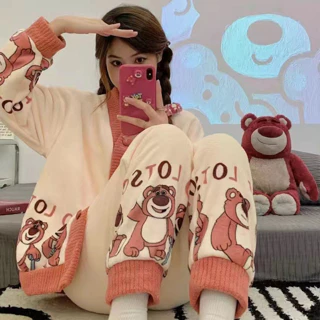 (LUNA) Bộ Ngủ Bông Nữ Lotso Mùa Đông Chất Lông Nhung Mịn Siêu Xinh - Set Đồ Ngủ Mùa Đông Bộ Pijama, Pyjama